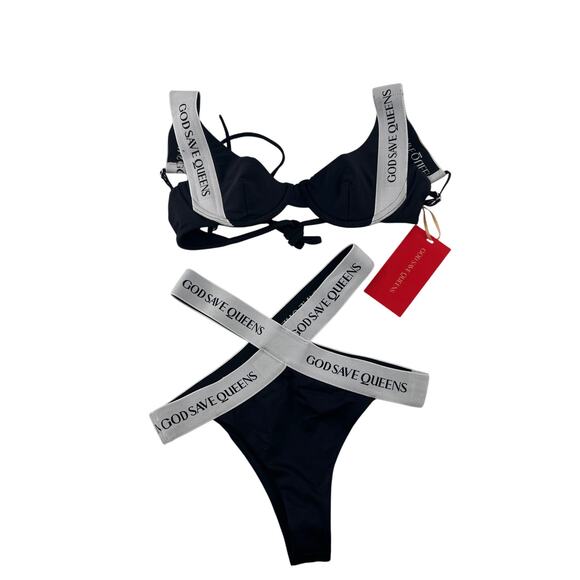God Save Queens Black Carrara Swim Bikini Top and Thong Bottom Set Size XS - Picture 6 of 9